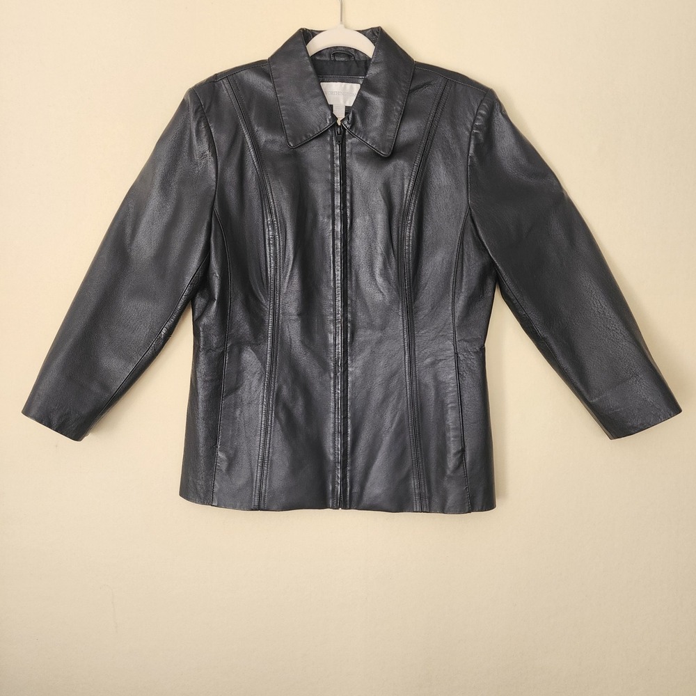 Worthington Black Genuine Lambskin Leather Jacket Womens Large Zip Front